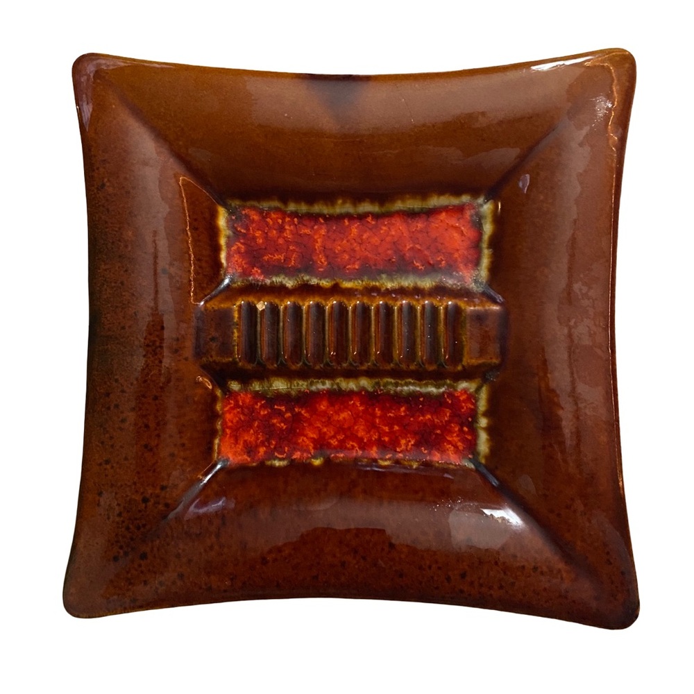 Vintage Mid Century Modern Drip Glaze‎ Orange Brown Ashtray USA Pottery